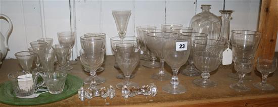 Collection of 18/19C drinking and other glasses, plain, panel-cut and engraved, inc rummers etc (faults)